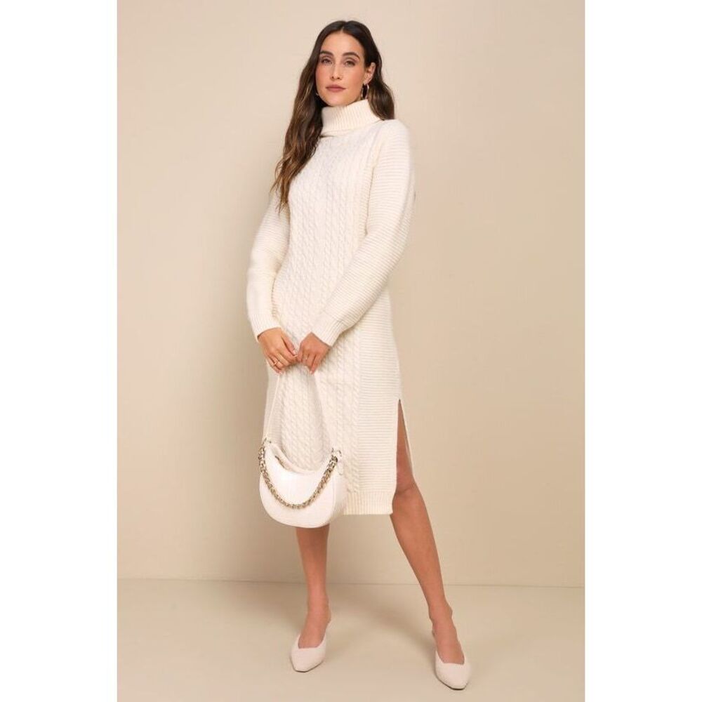 Lulus Snuggly Forecast Cream Cable Knit Turtleneck Sweater Midi Dress White